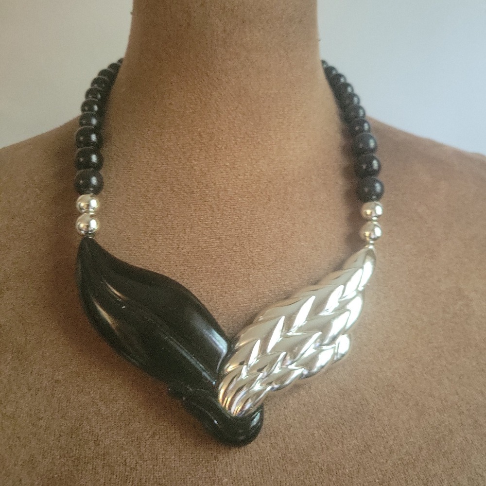 Vintage Black Silver Chunky Bead Statement Collar Necklace 16 Inch Dark Academia